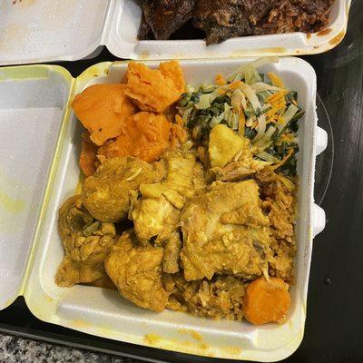 Curry Chicken, Cabbage, Sweet a Potato, Rice and Beans