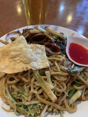 Mongolian Beef with Chow Mein, plus beer