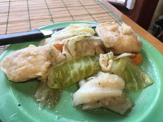 Pierogi boiled with vegetables They are really BIG three will fill you up.