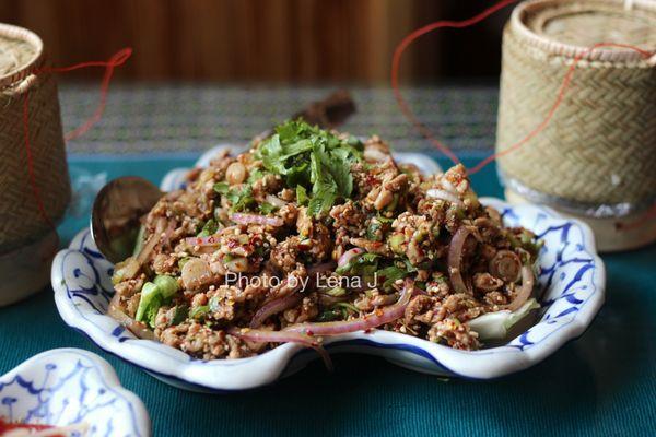 15. Laotian Chicken Salad (Lab) ($13) - requested extra spicy. Salad with ground chicken, roasted rice, onions, lime juice