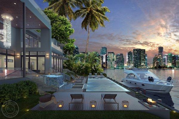 Render of sunset residence with views of downtown Miami.