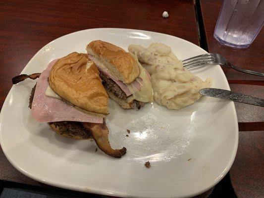 Pretty sorry and dry burger.  Ham and cheese is the only thing that saved it.  That is an actual serving size of mashed potatoes