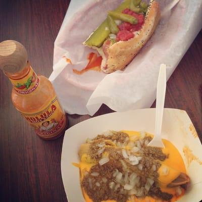 Chicago dog and pork tamale with cheese sauce, meat, and onion. Yum!