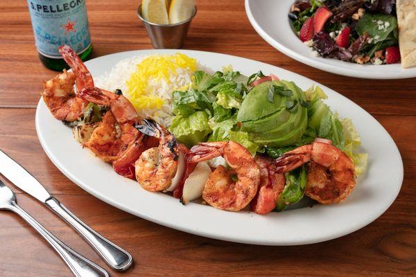 Entree: Shrimp Kabob with Five Jumbo Prawns, grilled vegetables and choice of two sides.