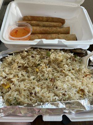 5 Pieces Eggrolls and literal tub of yummy Fried Rice