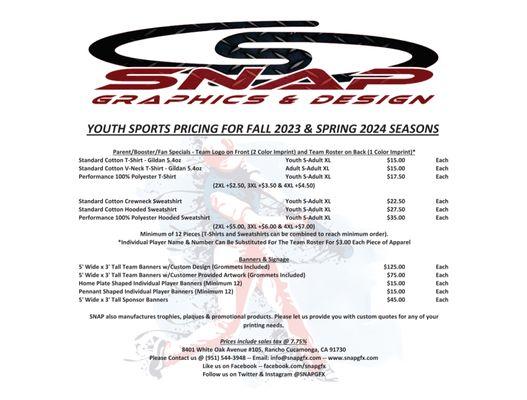 2024 Youth Sports Pricing