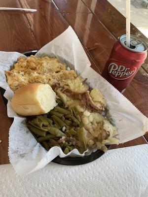 Lunch special. Ritz Chicken Casserole, buttery potatoes, and green beans.