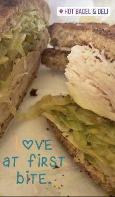 Whole wheat toast with Turkey, lettuce, fresh mozzarella, pickles, Mayo, black pepper and vinegar!