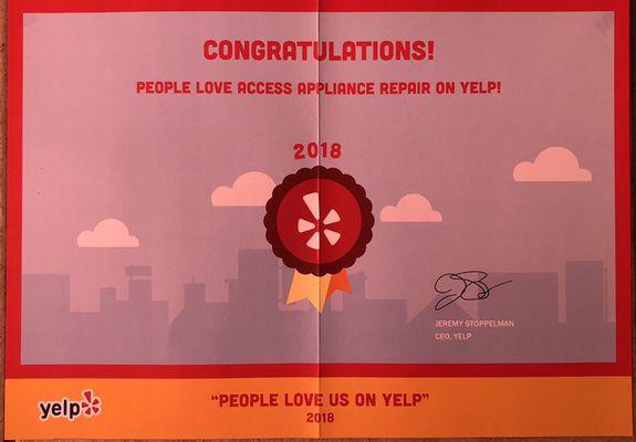 People Love Access Appliace Repar on Yelp!!!