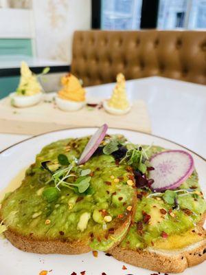 Avocado Toast with gluten free bread and Deviled Eggs