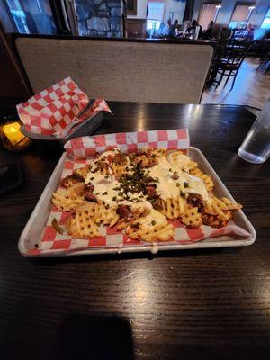 Lunch waffle nachos with pork. !