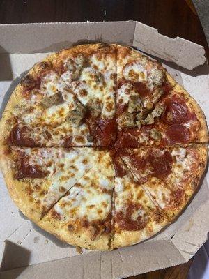 All the sausage thrown on 2 slices. Pepperoni thrown on another 2.