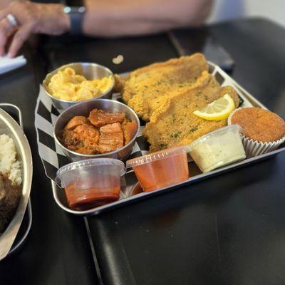 Catfish, yams, and Mac n cheese with cornbread