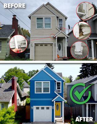 Before & After Photo with new James Hardie Fiber Cement siding & Sherwin-Williams paint. Portland, Oregon