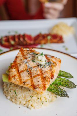 Antarctic Salmon: Sixty South salmon, herbed risotto, asparagus, herb butter.