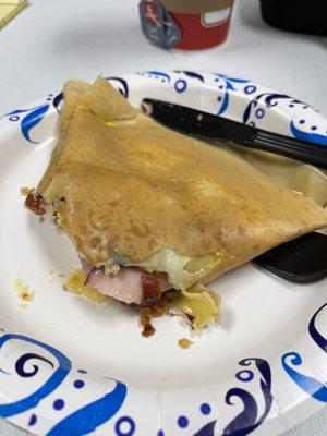 Ham, bacon, gouda and egg crepe