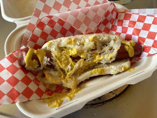 My husband's Polish sausage with sauerkraut.