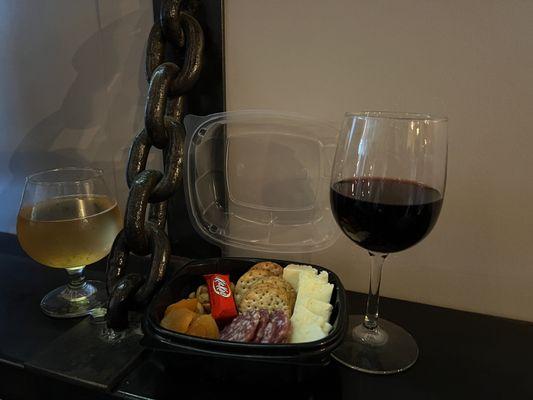 Grownup Lunchable made for the adult book fair, honey bourbon cider, and house red wine