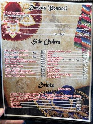 Menu: Deserts, side orders, and drinks