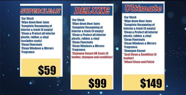 Just a few of our all in one packages to help you keep your car clean. Give us a call if you have any questions!