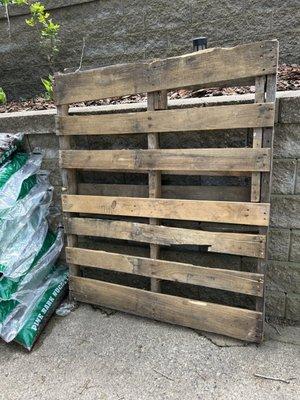 This pallet was left after I order 20 bags of mulch. After numerous phone calls they refuse to pick it up. I was told to put it in my car.