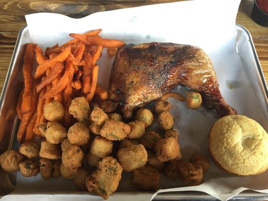 Smoked chicken, fried okra, and sweet potato fries