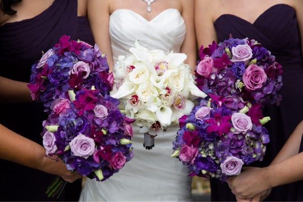 The bouquets were beautiful! I showed Agnes a fabric sample from the bridesmaid dresses, and she paired the flowers perfectly!