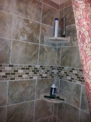 Shelving, Ceramic Tile, Accent Tile, Soap Dish -- all from Home Depot.