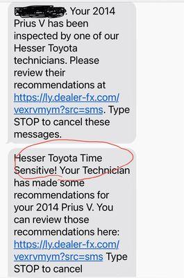 A picture of two text messages I received together after bringing my vehicle in for a tire rotation.