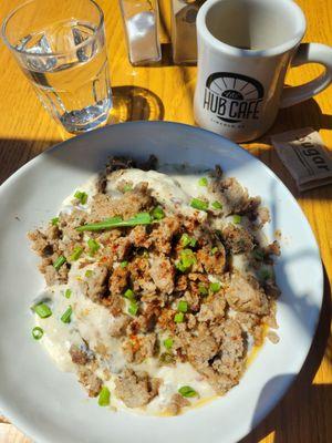 The Hub Skillet with eggs and The Hub Biscuits with Mushroom Gravy plus sausage.