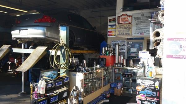 This is my car on the lift inside of the shop.