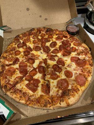 Pepperoni with mini pepperonis and extra cheese.