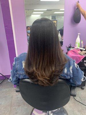 Wash, deep condition, roller set, blowout and trim