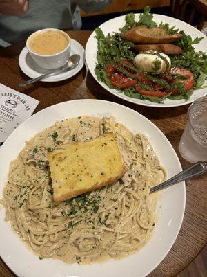 Blackened chicken pasta, burrata salad, and Creamy Crab Chowder