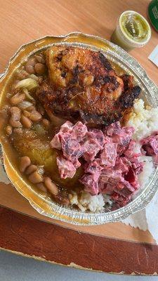 Rice, beans, grilled chicken, beet salad.