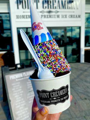 Large Waffle Cone Explosion (vanilla with waffle cone pieces, mini choc chips, sprinkles, caramel) with brownie bites & sprinkle waffle cone