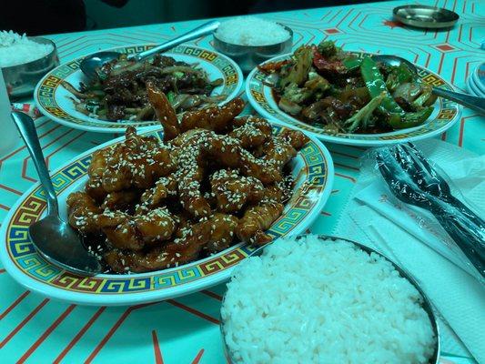 Sesame Chicken, Mongolian Beef, Spicy Garlic Pork