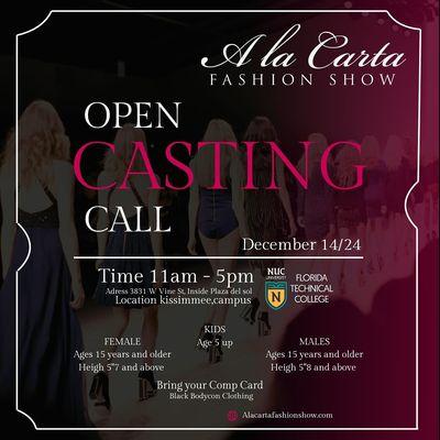 Model Casting Call 12/14/2024 for Ala Carta Fashion Show  2025.Florida Technical College. Fashion Week Florida public relations collaborator