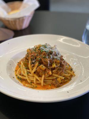 Entree (Bucatini ragu) from the 3 course prix fixe lunch.