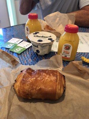 Chocolate Croissant, Blueberry Yogurt, Orange Juice