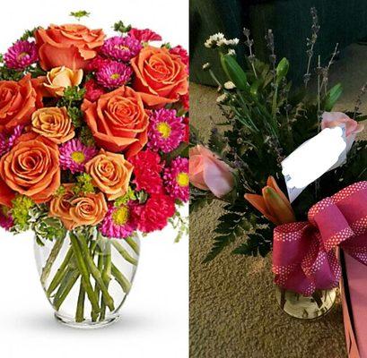 Left: Premium bouquet selected. Right: Actual bouquet delivered.