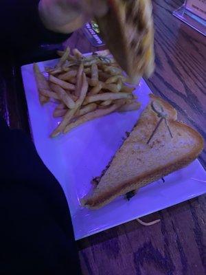 Pulled bacon grilled cheese (w no onions) and fries