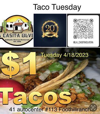 starting 4/18/2023 ... taco Tuesday...only 1 dollar ... best taco Tuesday in town... 1 dollar every Tuesday all day (dine in only )