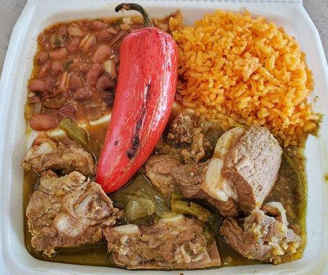 Mexican Plate Combo- Puerco con salsa verde y nopales, charros beans, and yellow rice.