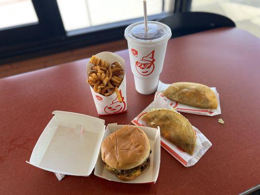 Burger, Tacos, Curly Fries with a drink