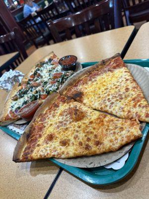 Cheese, pizza, and a veggie pizza