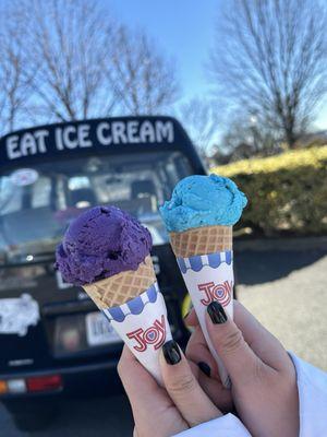 Ube and Head in the Clouds (Blue Vanilla with Marshmallow Fluff) Ice Cream