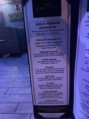 Premium hookah menu