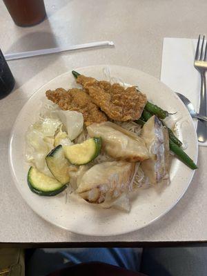 Rice noodles, some Moo Goo Gay Pan, Dumplings In Hot Sauce, catfish nuggets