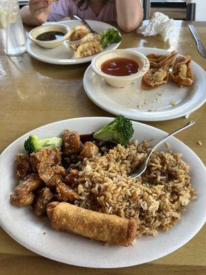 General Tso chicken, pot stickers, crab wontons